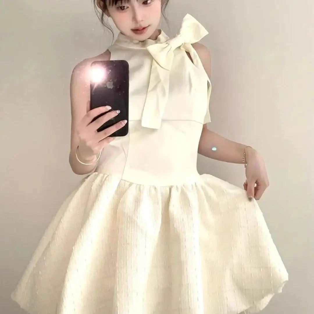 Dress Bow French Style High-End Daughter Summer New Style Waist Slimming Sleeveless Puffy Skirt