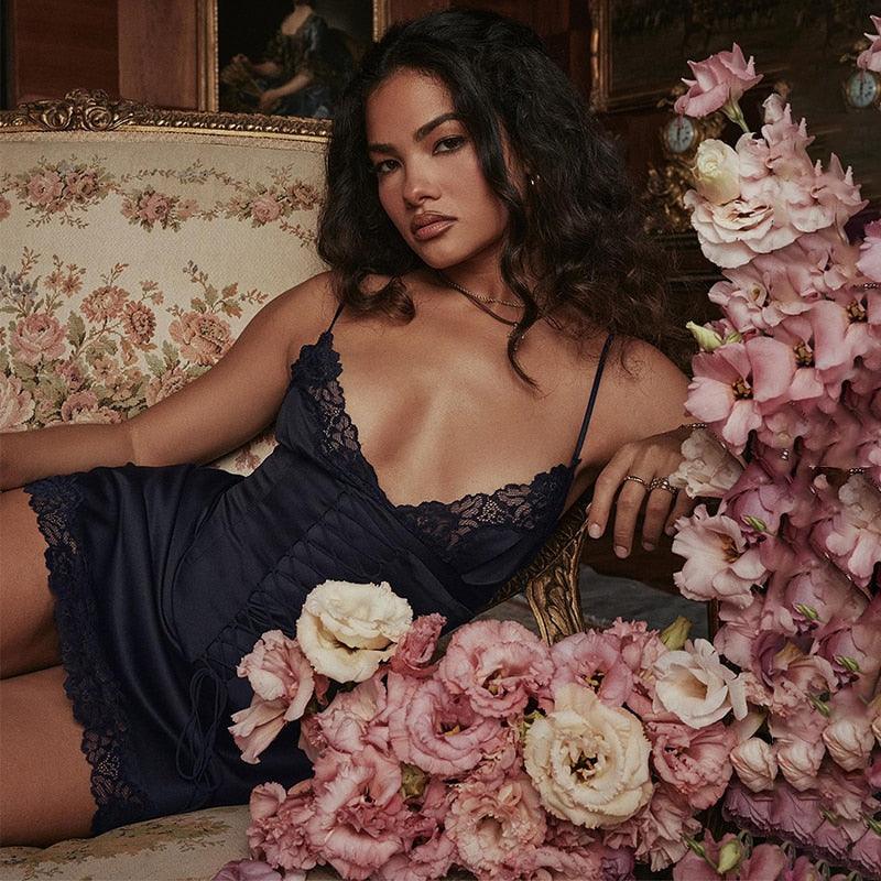 Lace Trim V Neck Corset Lace Up Satin Slip Mini Dress