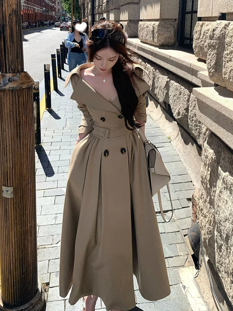 Long Trench Coat Women Streetwear Belt Sexy Off Shoulder Jackets Korean Double Breasted Outerwears Fall Winter Fashion Overcoat