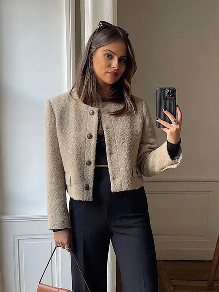 Retro Single-Breasted Short Tweed Coats Women Elegant Slim Fit Solid O-neck Pockets Jackets Autumn Casual Chic Street Outwear