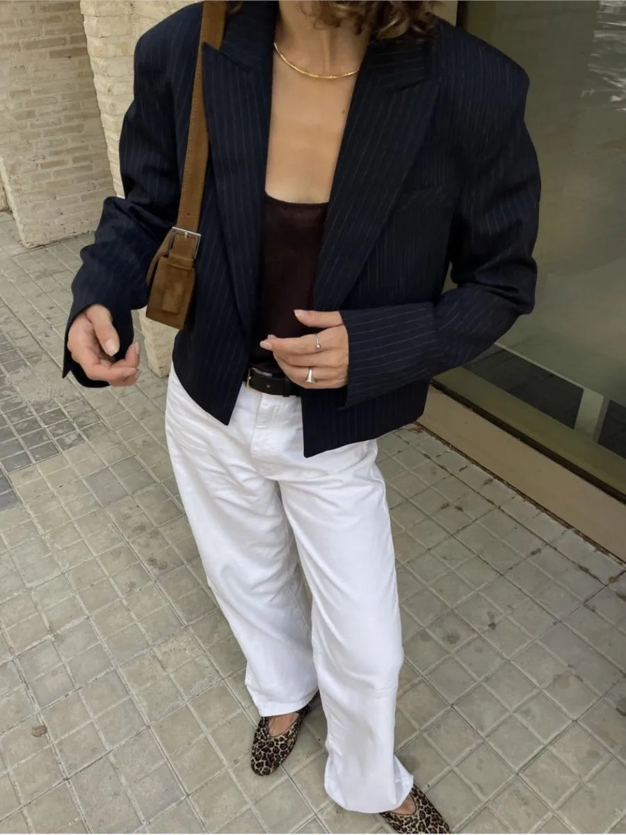 Vintage Solid Striped Cropped Jacket Women Autumn Long Sleeve Cardigan Blazer Outerwear New Casual Fashion Short Jackets