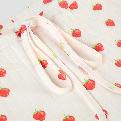 Strawberry Print Eyelet Two-piece Set Women Summer Sleeveless Slim Camis+Drawstring Pants Sets Home Cozy Sweet Casual Pajamas