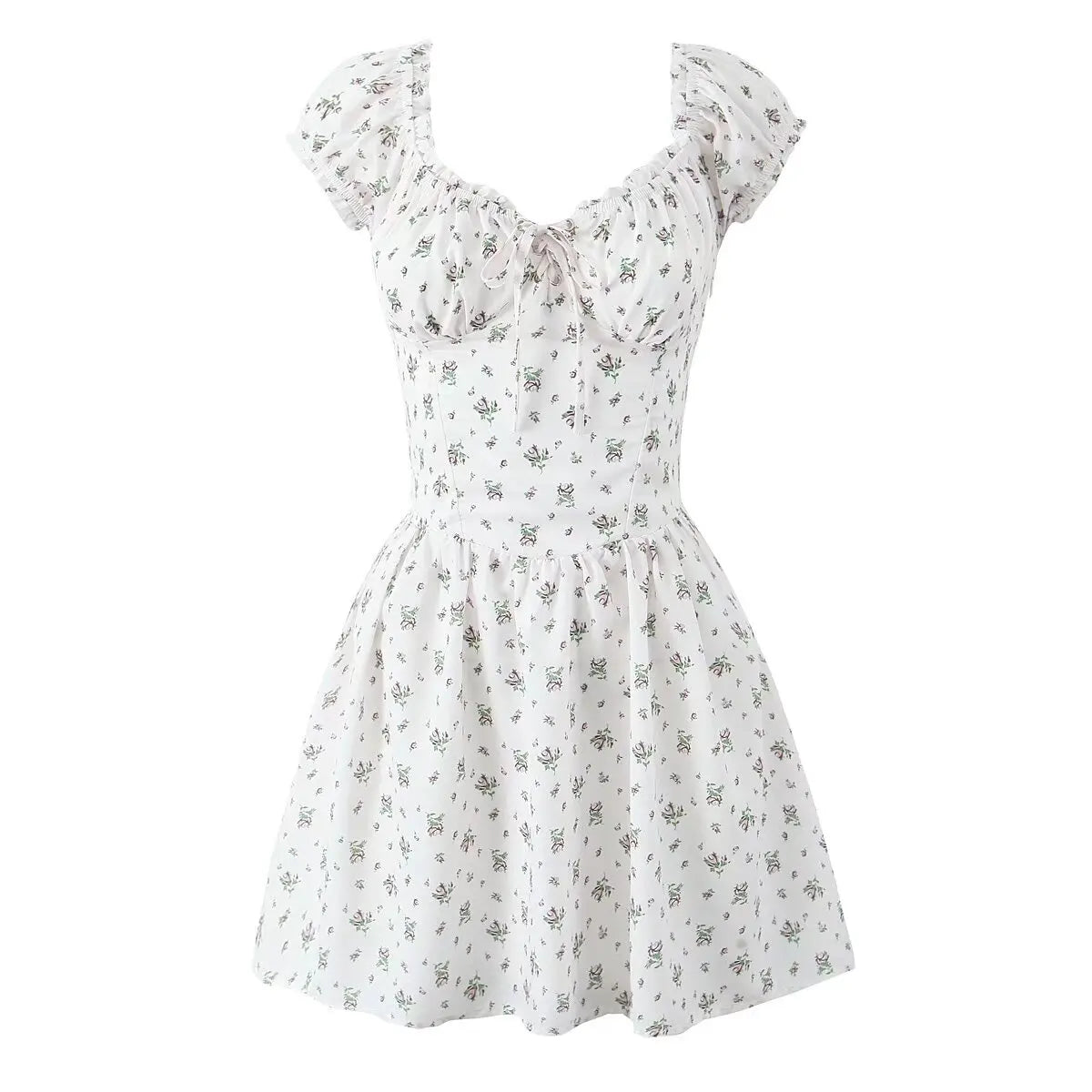 Holiday Summer Dresses 2025 Women French Style Floral Print Dress Vintage Short Sleeve V Neck A-line Mini Robe Sundress