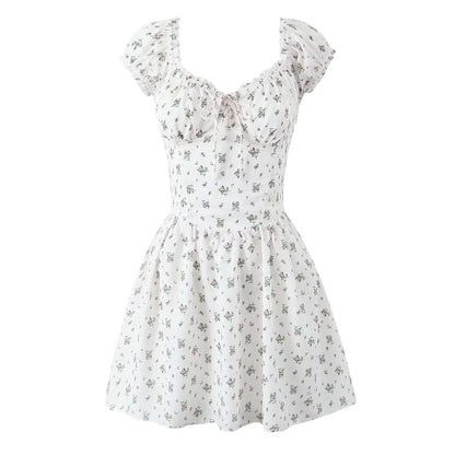 Holiday Summer Dresses 2025 Women French Style Floral Print Dress Vintage Short Sleeve V Neck A-line Mini Robe Sundress