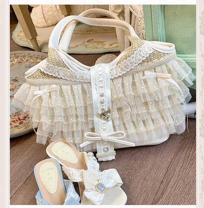 Elegant Lady Japanese Original Lolita Lace Ribbon Bow Handbag Vacation Style Sweet Cute Doll Daily Commuter Versatile Tote Bag
