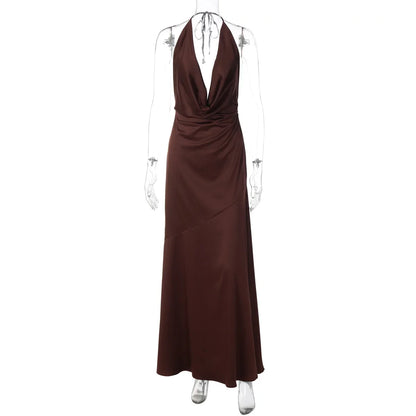Women's Evening Gown Deep V Neck Halter Sexy Maxi Dress Solid Color Summer Sleeveless Backless Slim Fit Party Long Dress
