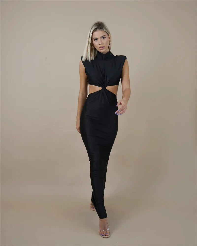 Mock Neck Structured Shoulder Waist Cutout Satin Maxi Gown