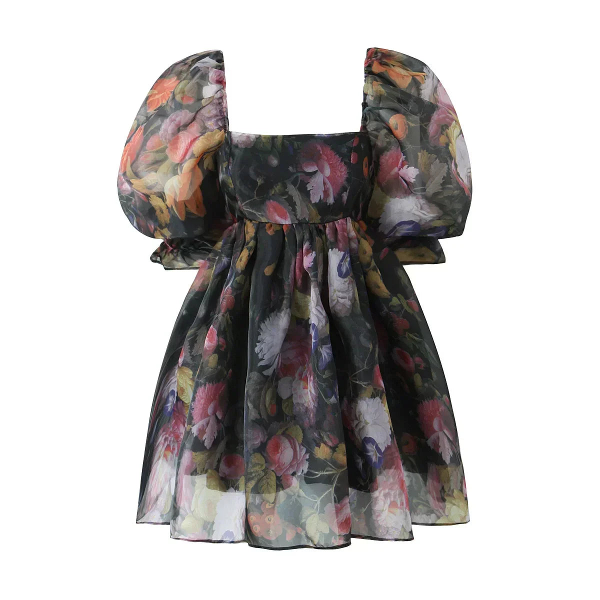 Square Neck Organza Balloon Sleeve Empire Waist Tiered Mini Dress