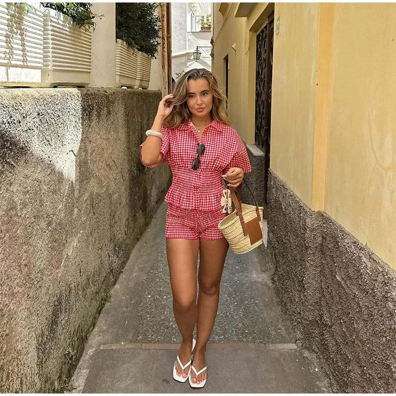 Casual Plaid Wome Shirts Shorts Suit Holidays Waist-Closed Short Sleeve Lapel Top Wide Leg Short Pants 2025 Summer Lady Set