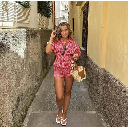 Casual Plaid Wome Shirts Shorts Suit Holidays Waist-Closed Short Sleeve Lapel Top Wide Leg Short Pants 2025 Summer Lady Set