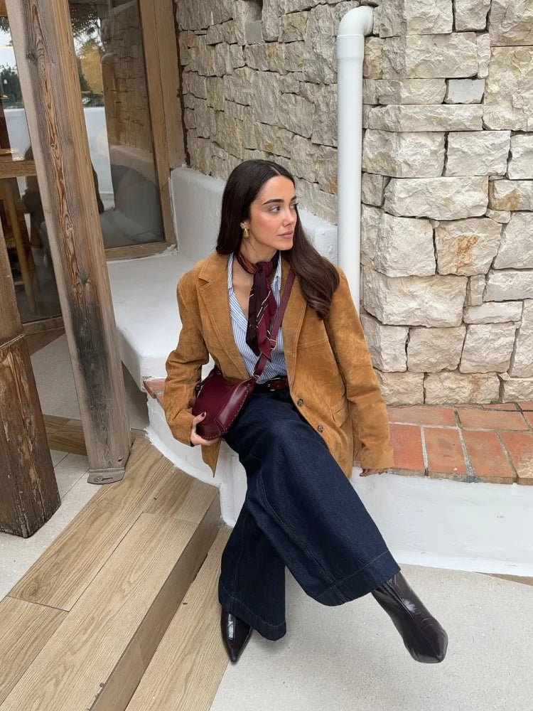 Retro Suede Female Jacket Chic Single Breasted Long Sleeve Lapel Loose Blazer Coat Women 2025 Spring High Street Lady Outerwear