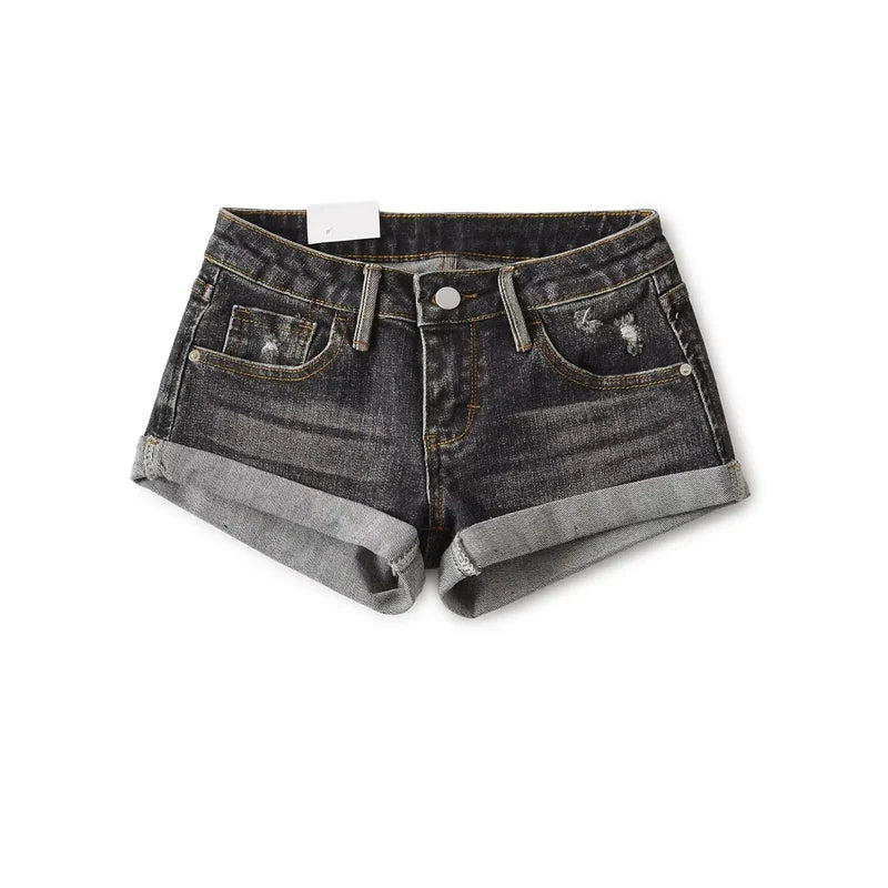Women's Low Rise Roll Hem Hotpant Denim Shorts Denim Micro Shorts