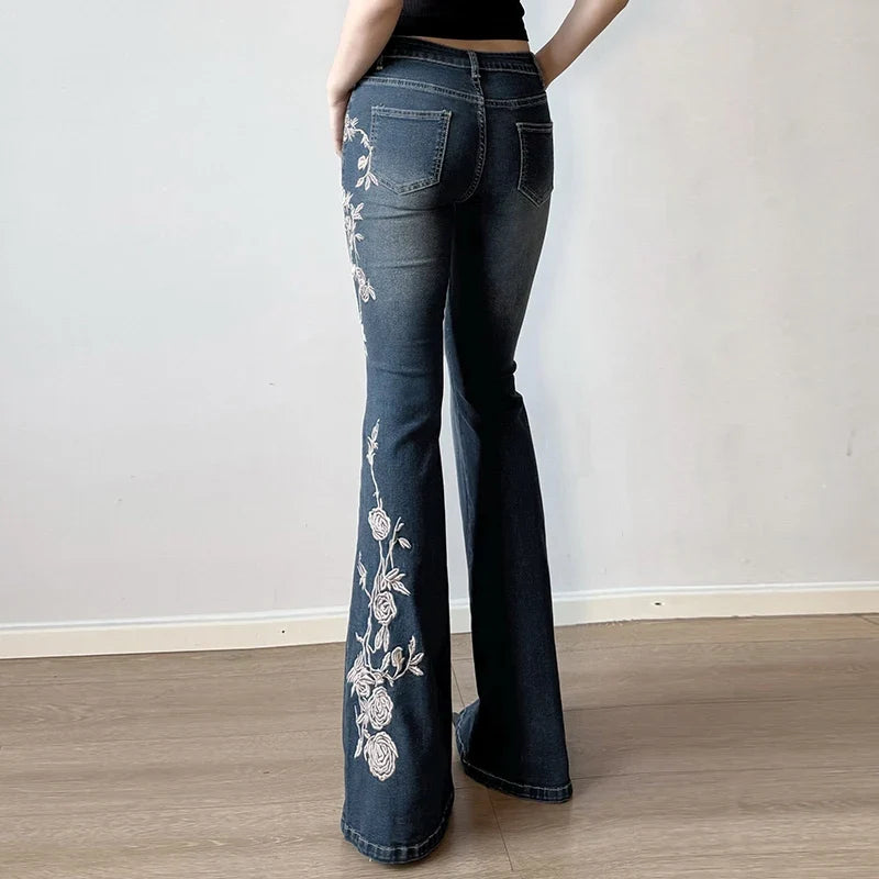 Y2K Rose Embroidered Trumpet Jeans Women Fashion Aesthetic Slim Flare Pants Vintage Blue 2000s Denim Trousers Spring