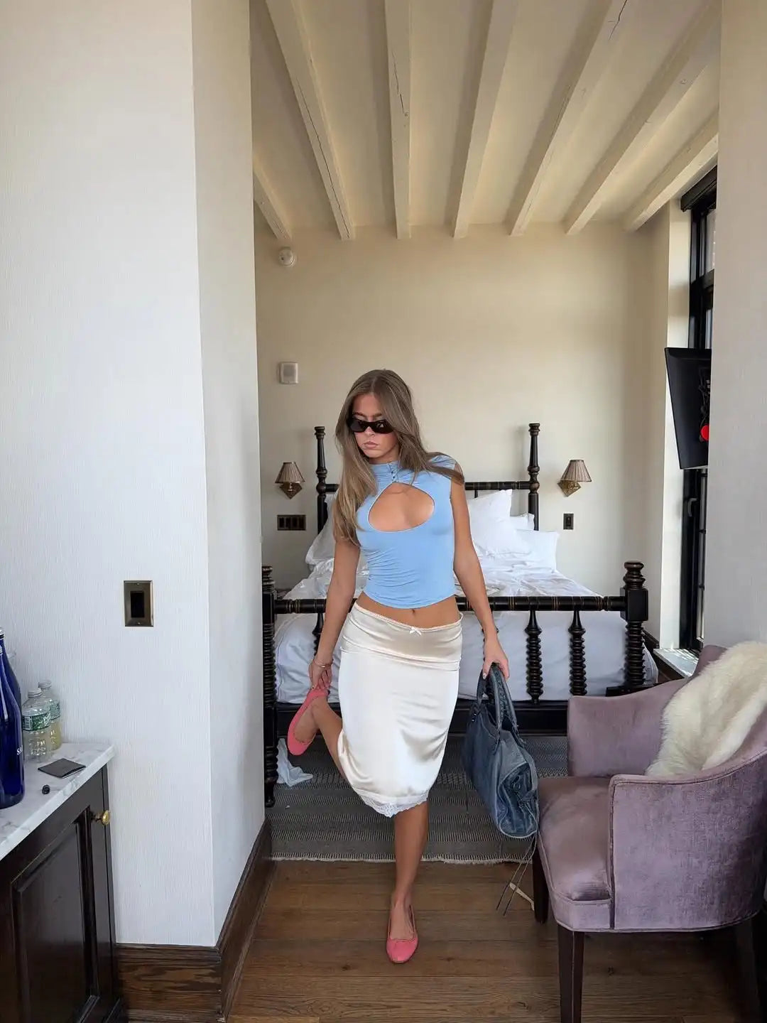 Sexy Blue Chest Cut Out Short Sleeved Top Slim Fitting Half High Collar Button Cropped T-shirt Women's Daily Street Outfits