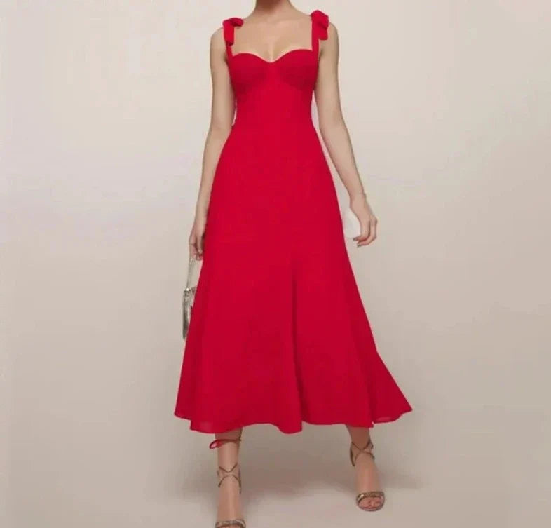 Sweetheart Bow Strap High Slit A-Line Midi Dress