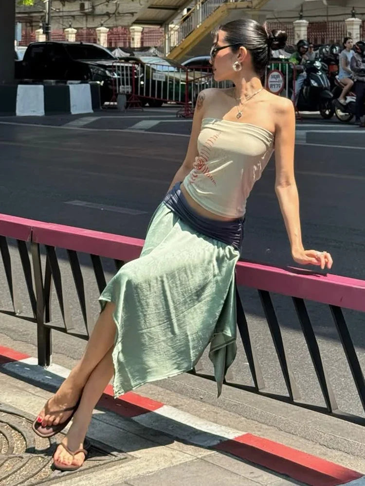 Sexy Vacation Style 2 Piece Set Woman Star Print Wrap Chest Backless Tank Tops+Color Blocking Long Skirts Streetwear