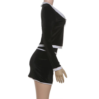 Bow Color Patchwork Velvet 2 Piece Set Women Elegant Sexy Peter Pan Collar Long Sleeve Tops + Bodycon Mini Skirts Casual Suits