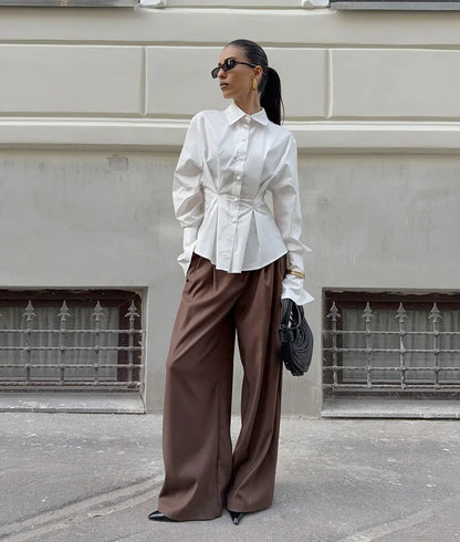Pure cotton shirt for women, high-end, light luxury, versatile, pleated, waist cinching, slim fit, long sleeved, lapel shirt