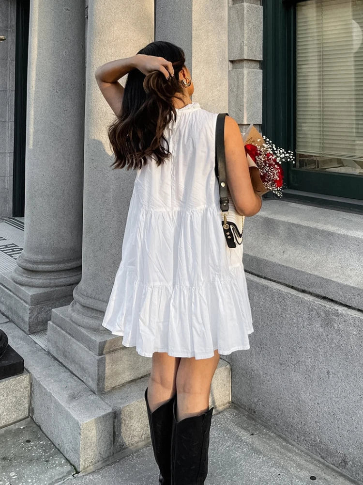 Summer Cotton A-line Loose Ruffles White Dress Women Casual O-neck Lace-up Sleeveless Mini Dress Female Holiday Party Dress 2025