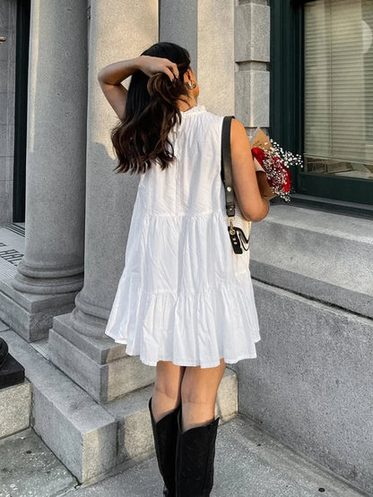 Summer Cotton A-line Loose Ruffles White Dress Women Casual O-neck Lace-up Sleeveless Mini Dress Female Holiday Party Dress 2025