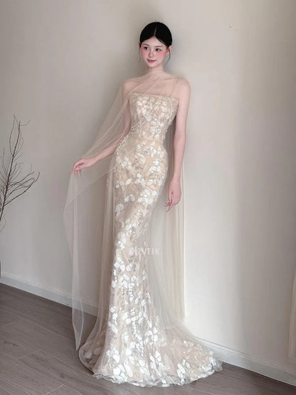 Elegant Strapless Mermaid Wedding Party Dresses Shiny Sequins Court Training Lace Decal Prom Gown Customized Vestido De Novia