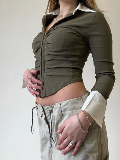 Women's Army Green T-shirt Harajuku Korean 90s Aesthetic Y2k Tee Top Vintage Long Sleeve Cropped T-shirts Emo 2000s Clothes 2025