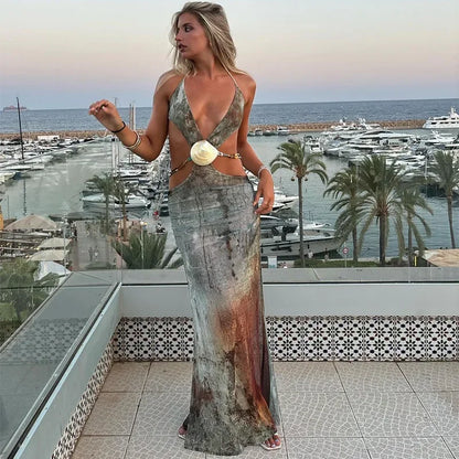 Sexy Beaded Print Long Dress Women Hollow Out Halter Backless Sleeveless Lace Up Holiday Dresses 2025 Summer Lady Chic Slim Robe
