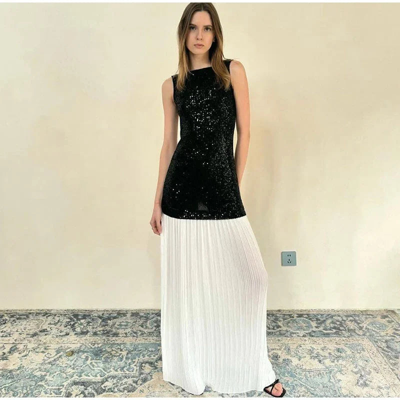 Sequin Bodice Pleated Contrast Skirt Sleeveless Maxi Dress