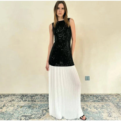 Sequin Bodice Pleated Contrast Skirt Sleeveless Maxi Dress