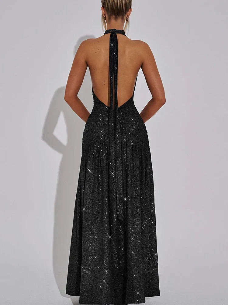 Glitter Halter Plunge V Neck Ruched Slit Maxi Dress