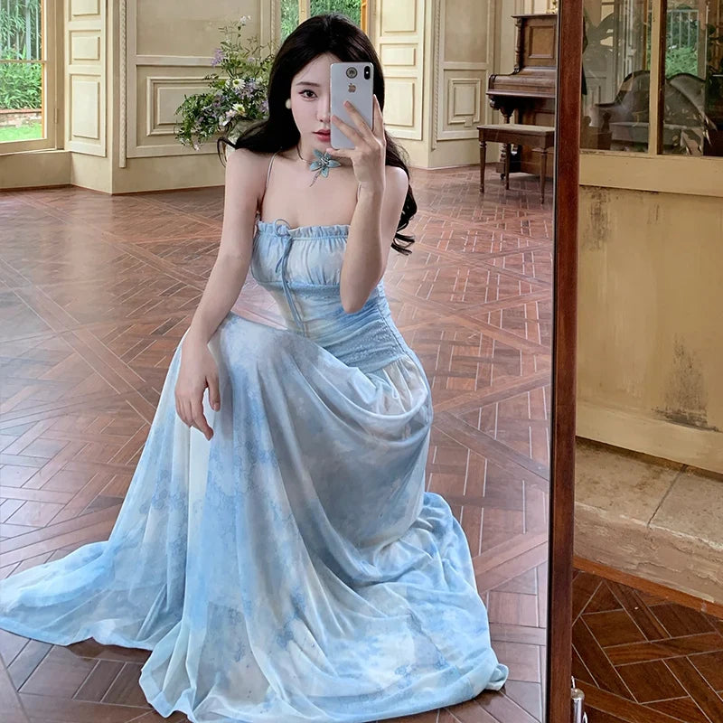 Holiday Beach Vintage Printed Backless Long Blue Dress Women Summer Spaghetti Strap Elegant Fairy Dress Evening Party Dresses