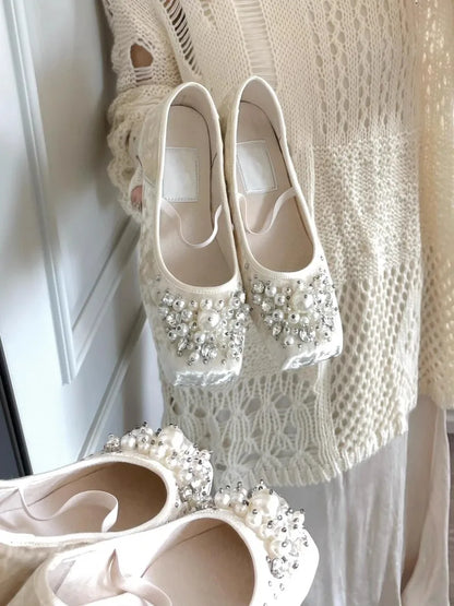 String Bead Chunky Heel Mary Jane Shoes Women Square Toe Elasticized Design Ballet Shoes Elegant Wedding Bridal Designer Pumps