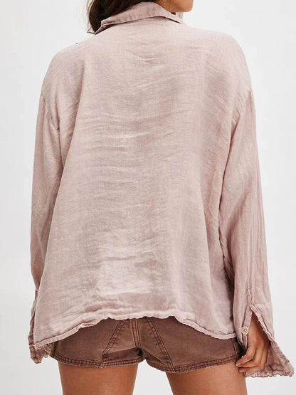 Fungus Trim Solid Shirts For Women Spring New Single Breasted Lapel Collar Blouses Simple Casual Fashion Long Sleeve Blouse Lady