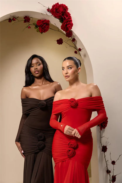 Off Shoulder Mesh Sleeve Ruched Rosette Applique Mermaid Maxi Dress
