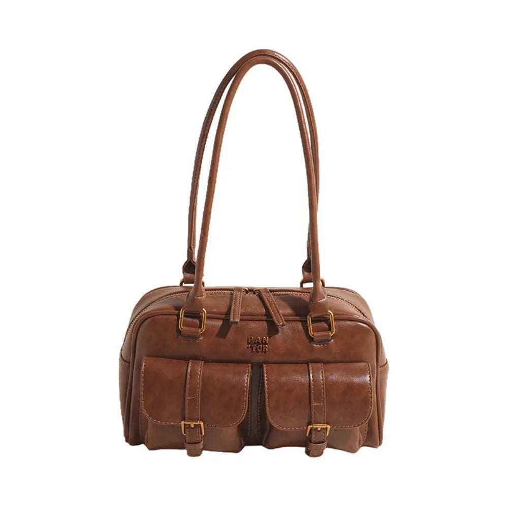 Fashion PU Leather Boston Shoulder Bag Large Capacity with Multi-Pockets Underarm Bag Solid Clutch Purse Girl