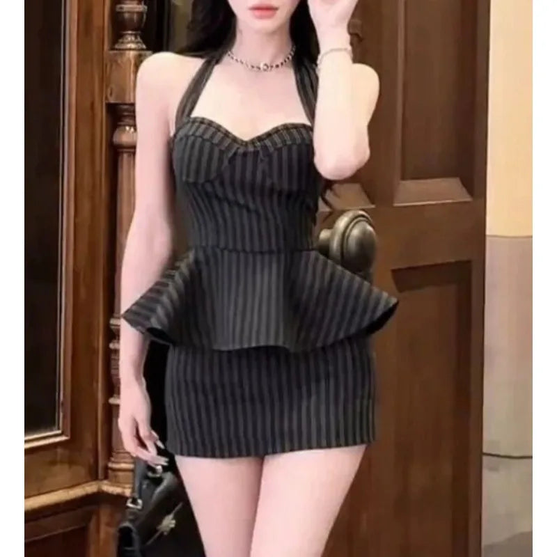 Large Size Slightly Fat Mm Sexy Neck Retro Striped Splicing Fake Two-piece Dress Women's Summer Pure Desire Hip Skirt