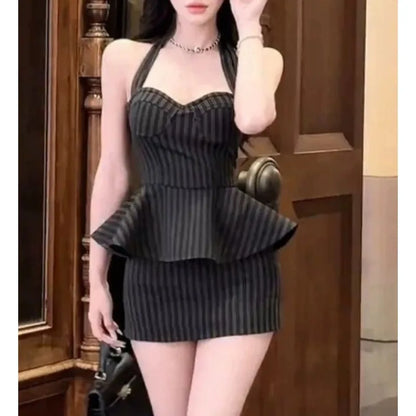 Large Size Slightly Fat Mm Sexy Neck Retro Striped Splicing Fake Two-piece Dress Women's Summer Pure Desire Hip Skirt