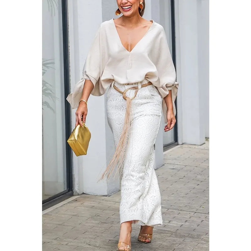 Elegant Women Pants Set Chic Loose Long Batwing Sleeve Shirt Top Wide Leg Pants Two Piece Trousers Set Lace Hollow Out Outfits