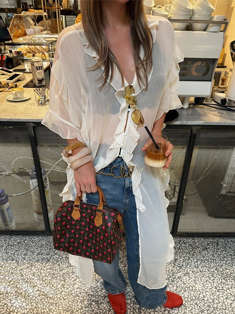 Women's Boho Sheer Cover Up Summer Sexy See Through Maxi Cardigan Dresses Holiday Loose Beach Party Club Chiffon Dress