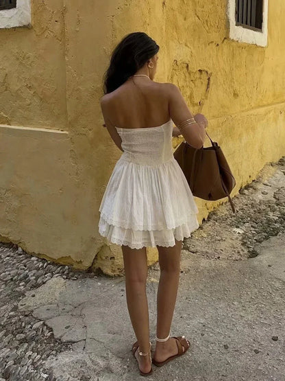 Lace Trim Patchwork White Dresses For Women New Strapless Sleeveless Tiered Mini Dress Summer Sweet Fashion Sexy A-line Vestidos