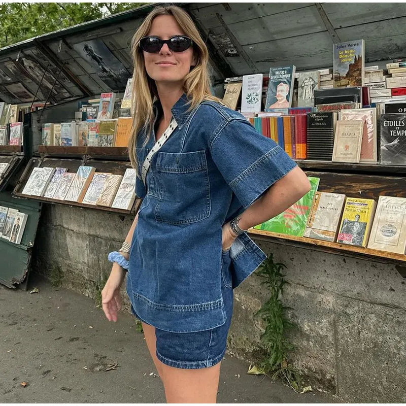 Classic Denim V-neck Shirt Mini Skirt Set Women Vintage Loose Lapel Tops Irregular A-lined Skirts Sets Female Chic Street Outfit