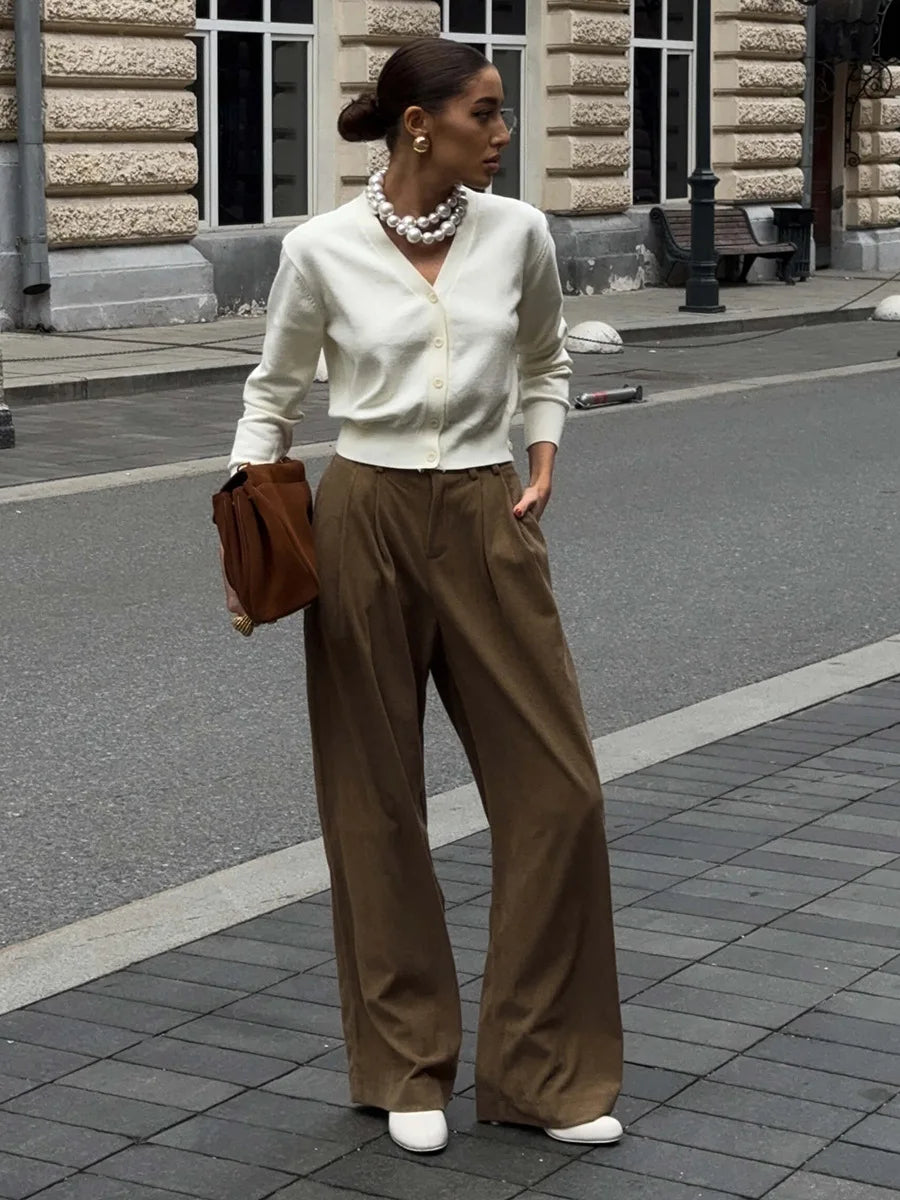 Women's New Wide Leg Pants 100% Cotton Loose Fit Drapey Trendy Waist Autumn Winter Fashion Trousers