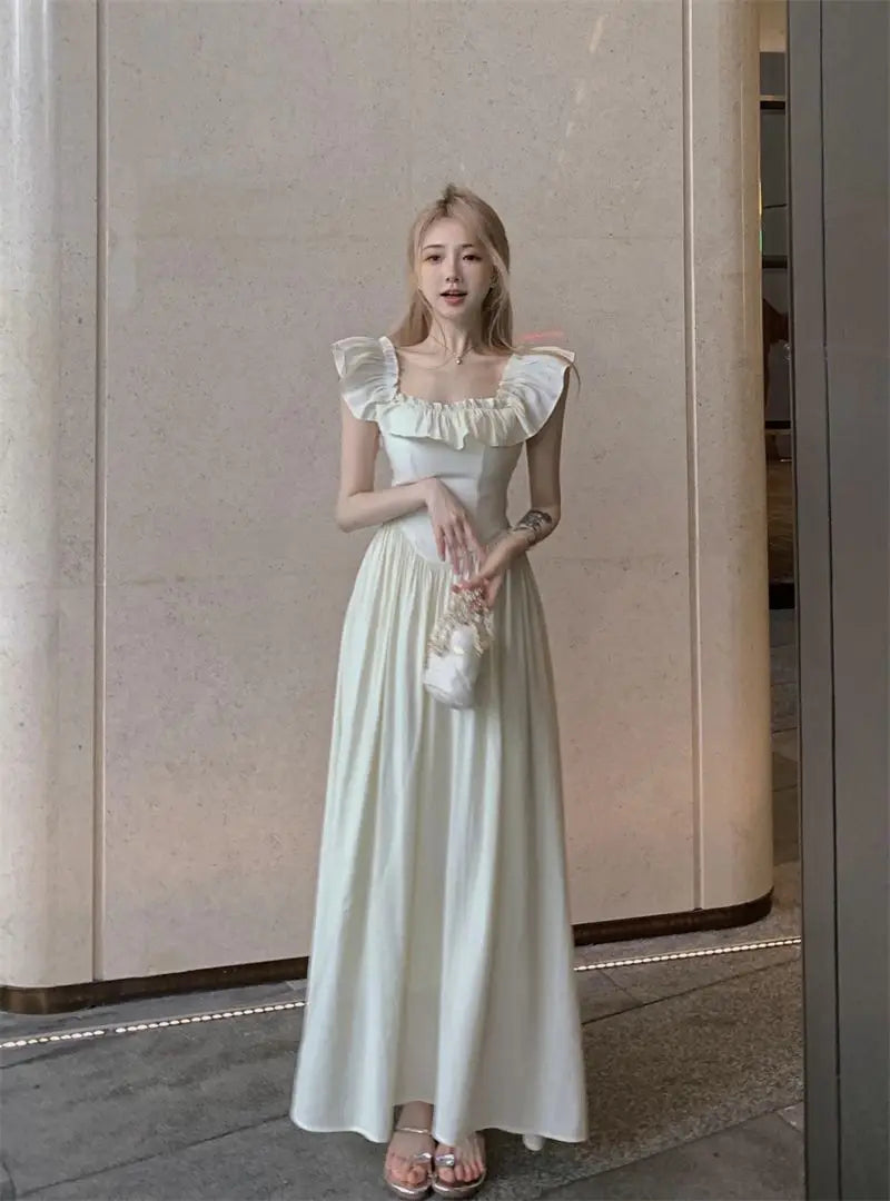 Sweet Gentle Square Neck Dress Summer New Temperament Waist-sharp Mid-length Dress