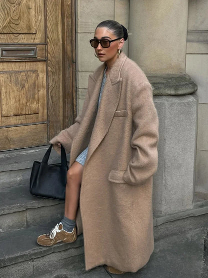 Classic Fashion Solid Oversized Cashmere Overcoats Women's Elegant Lapel Pockets Long Sleeve Jackets Chic Female Streetwear