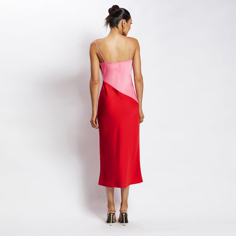 Diagonal Colorblock Cowl Neck Spaghetti Strap Satin Midi Dress