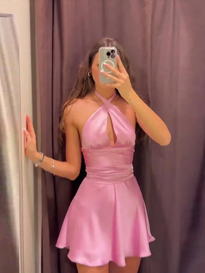 Satin Halter Hollow Out Mini Dress Women Backless Sleeveless Slim Pink Party Dresses 2024 Summer Elegant A-line Pleated Vestidos