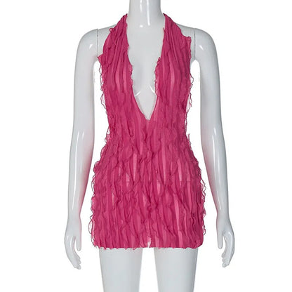 Pink Ruffles Deep Charming V-neck Mini Dress