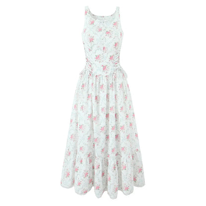 Women Bow O Neck Sleeveless Floral Print Boho Dresses Front Lace Up A-line Midi Summer Dress Chic Lady Holiday Party Robe