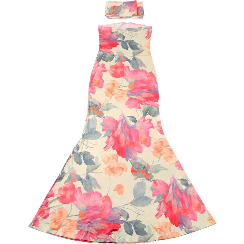 Women Sexy Floral Print Strapless Bodycon Maxi Dress with Ribbon Scarf Sleeveless Backless Slim Party Long Robe Holiday Outfits
