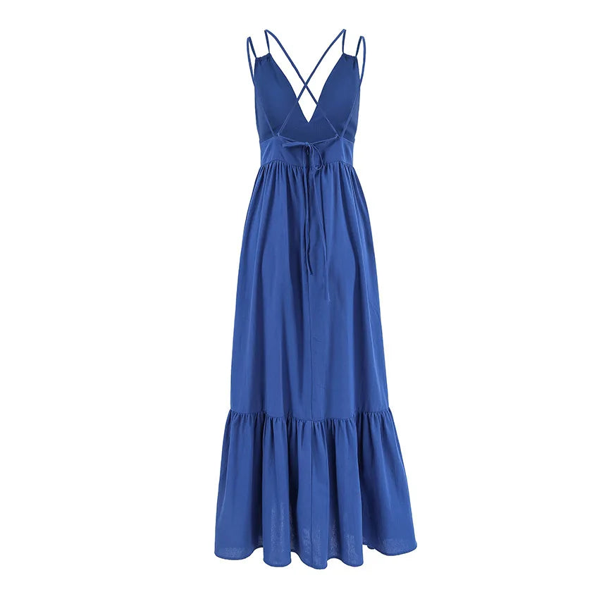 V-Neck Backless Patchwork Long Dress Women Casual High Waist Bandage Sleeveless Solid Spring 2025 New Ladies Maxi Dress